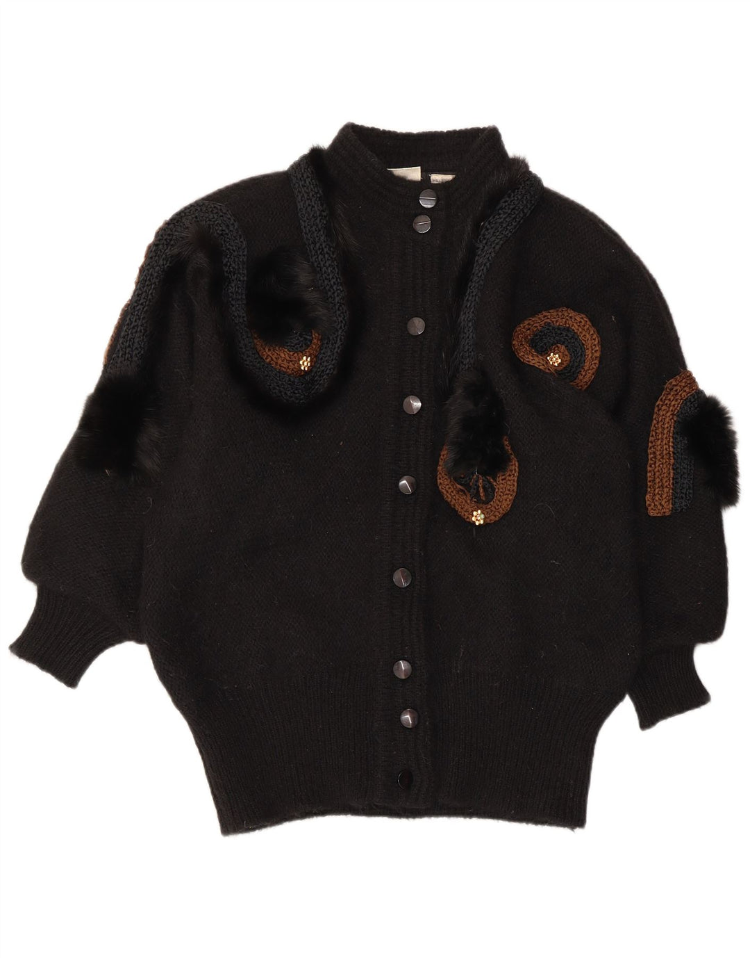 VINTAGE Damen Strickjacke mit abstraktem Muster EU 42/44 Groß Schwarz