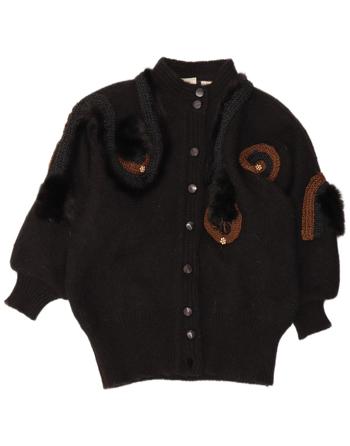 VINTAGE Damen Strickjacke mit abstraktem Muster EU 42/44 Groß Schwarz