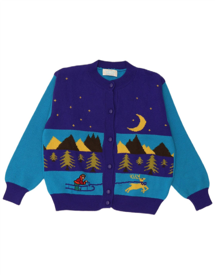 Benetton Damen Winter Crop Cardigan Pullover IT 48 XL Blaue Colourblock-Wolle