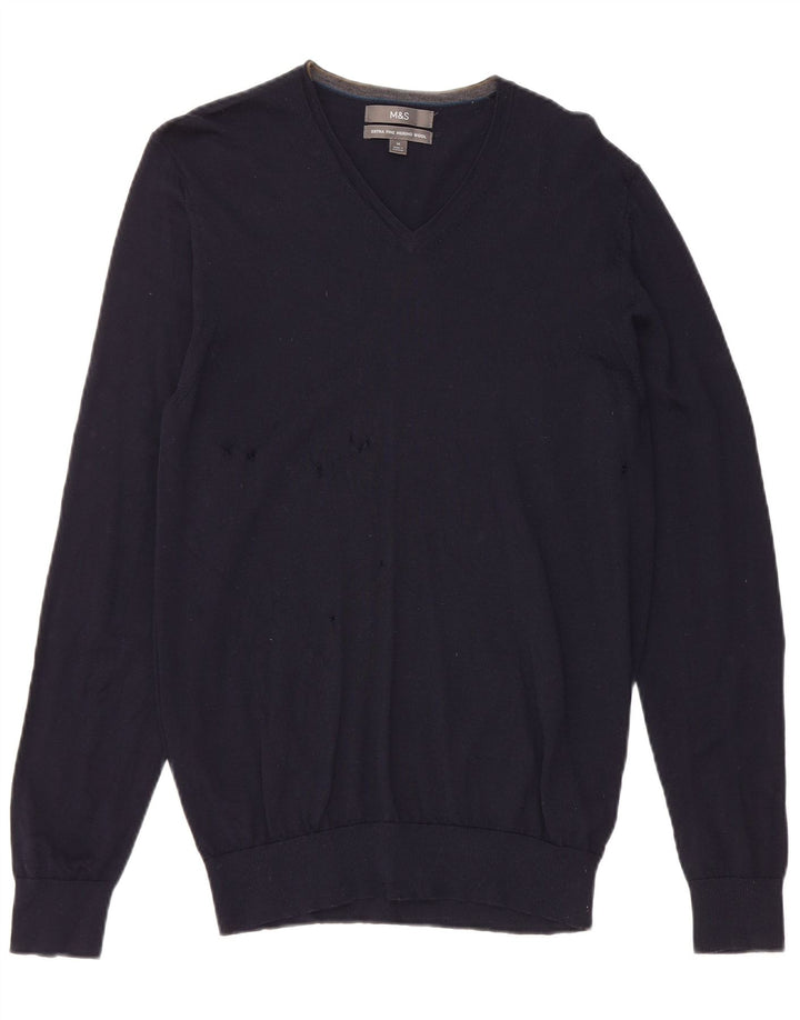 Marks & Spencer Herren-Pullover mit V-Ausschnitt aus mittelblauer Merinowolle