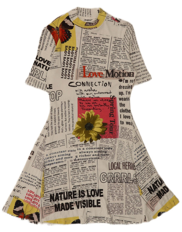 Desigual Damen Zeitungs-Grafik-A-Linien-Kleid UK 12 Mittelweiße Viskose