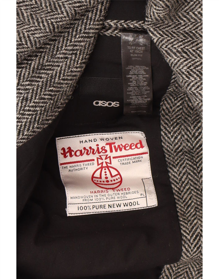 Asos Harris Tweed Herren Slim Fit Blazer Jacke UK 42 XL Grau Fischgrätenmuster