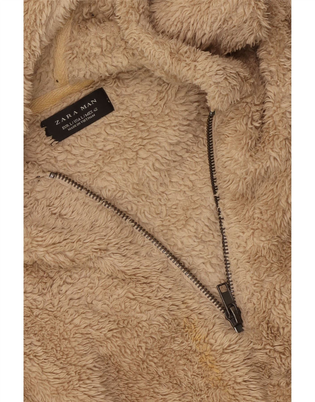 ZARA Herren-Fleecepullover mit Kapuze, Größe L, Beige