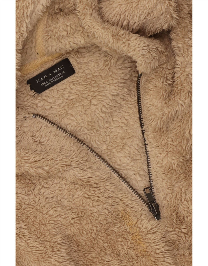 ZARA Herren-Fleecepullover mit Kapuze, Größe L, Beige