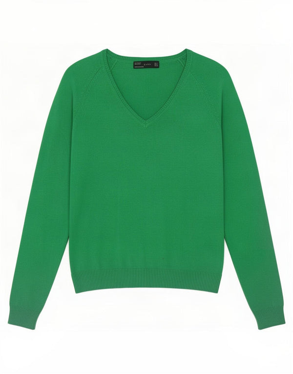 Zara Damen-Pullover mit V-Ausschnitt, Gr. 14, Größe L, grüne Baumwolle