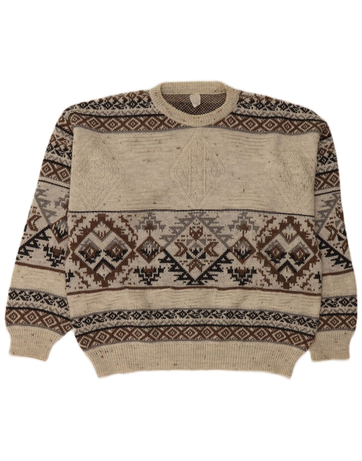 Vintage Herren Pullover mit Rundhalsausschnitt IT 48/50 Mittelweiß Fair Isle
