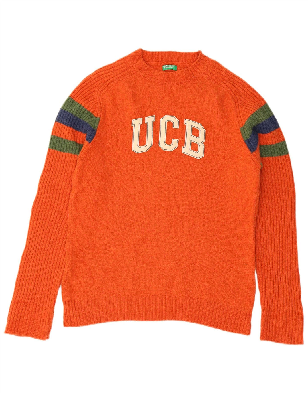 Benetton Damen-Pullover mit Rundhalsausschnitt, Gr. 12, mittelorange gestreift