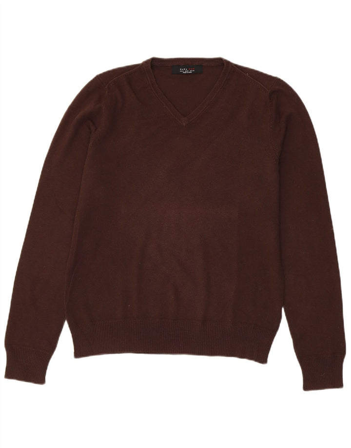 Zara Herren-Pullover mit V-Ausschnitt aus mittelbrauner Baumwolle