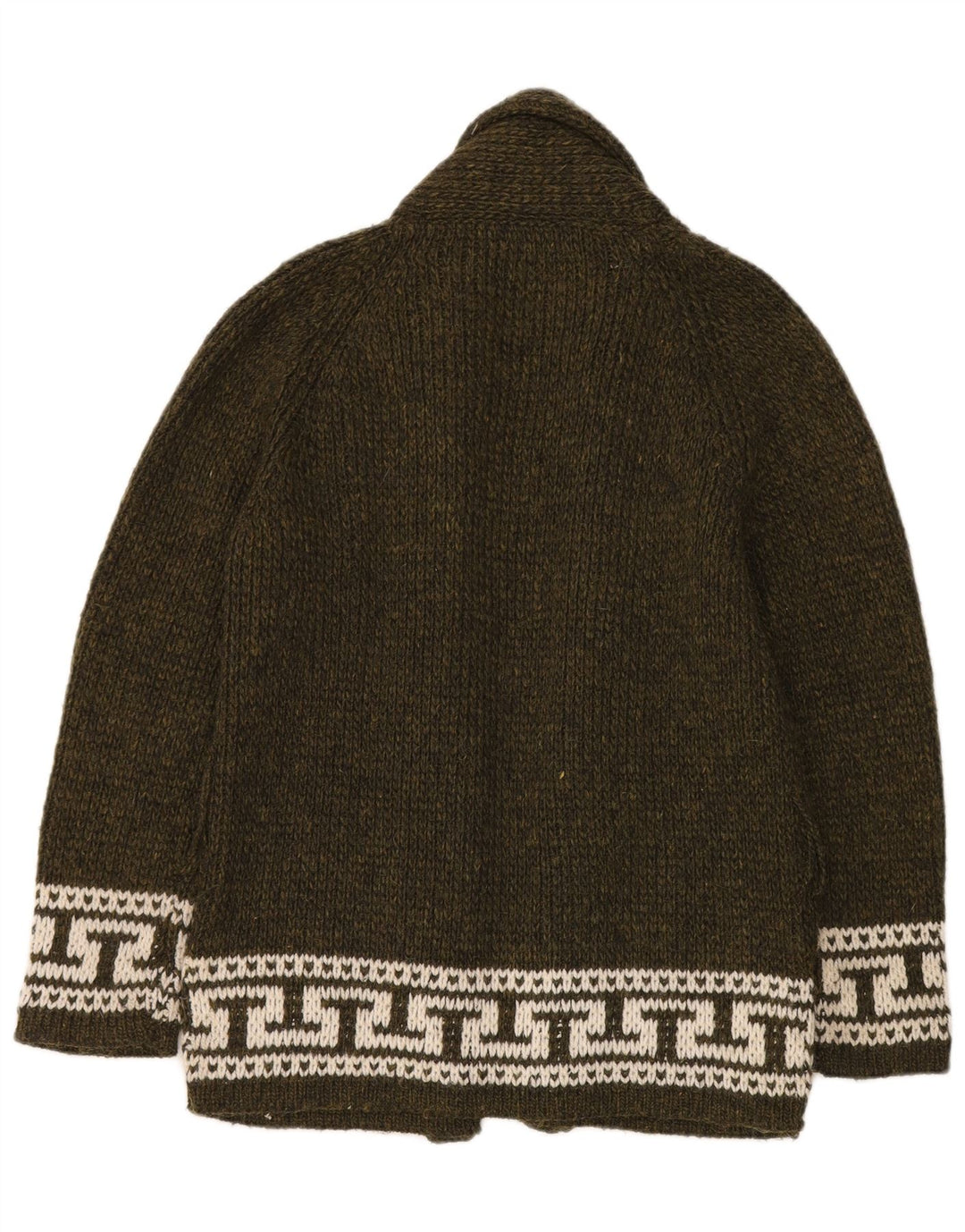 Vintage Damen Offener Cardigan Pullover UK 14 Medium Khaki Geometrische Wolle