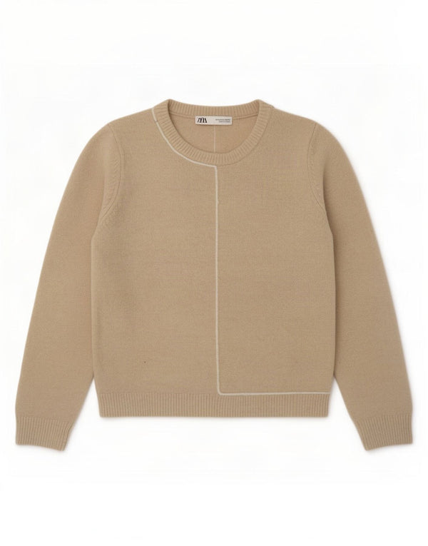 Zara Womens Crew Neck Jumper Sweater UK 12 Medium Beige Acrylic