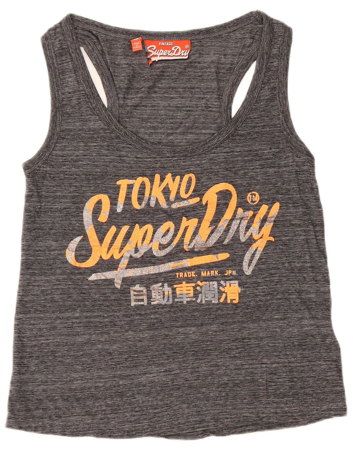 SUPERDRY Grafik-Trägershirt für Damen, UK 10, Größe S, grau gesprenkelte Baumwolle