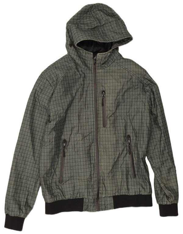 Zara Mens Hooded Bomber Jacket UK 44 2XL Green Check Polyester