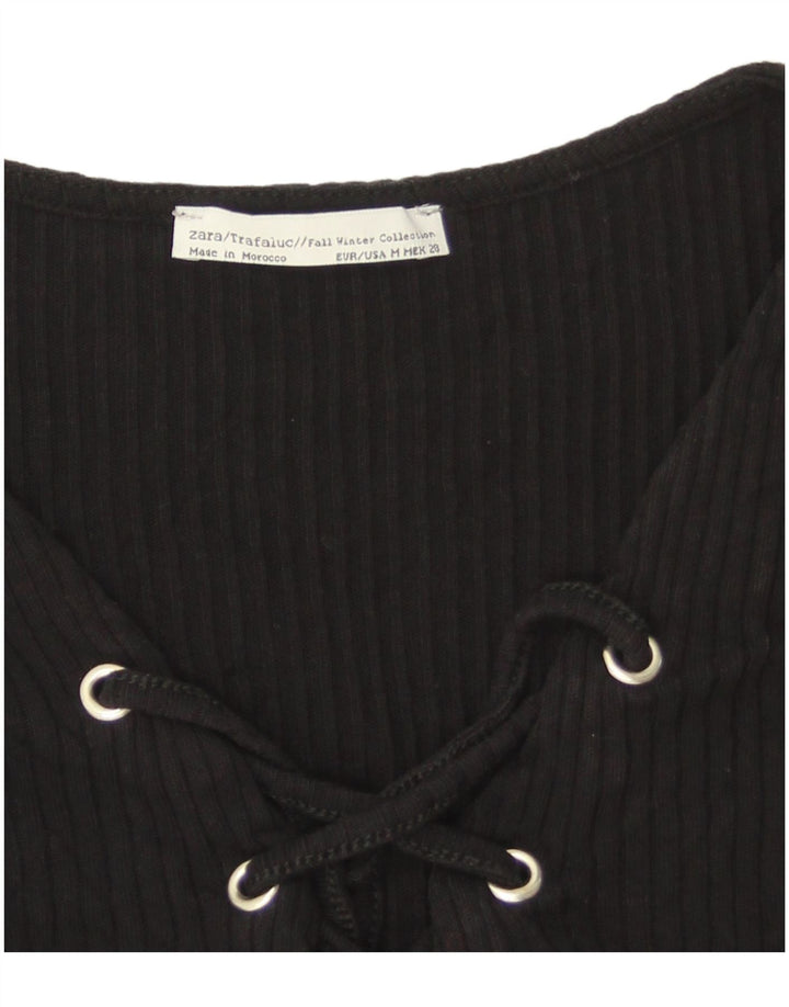 Zara Damen Crop Top Langarm UK 12 Medium Schwarz