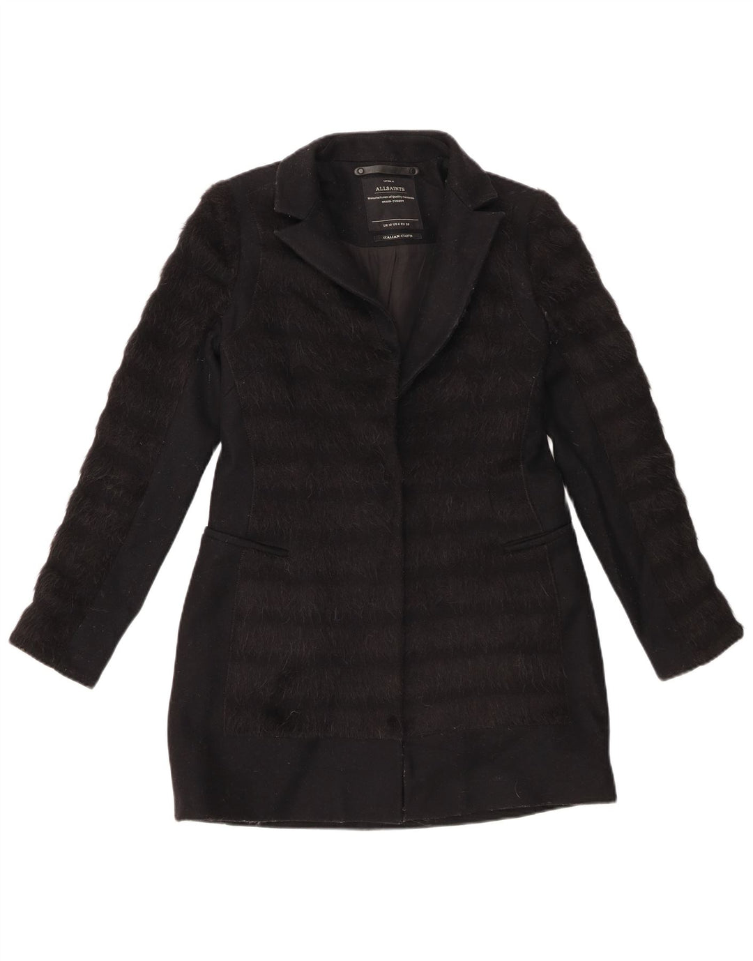 All Saints Damenmantel UK 10 Small Schwarz gestreifte Schurwolle