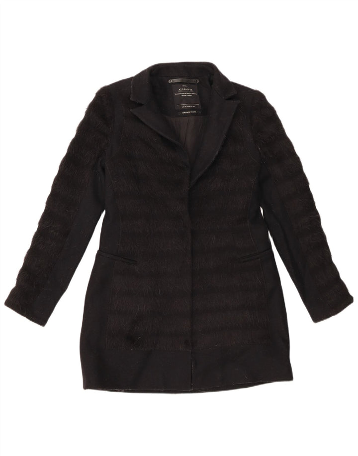 All Saints Damenmantel UK 10 Small Schwarz gestreifte Schurwolle