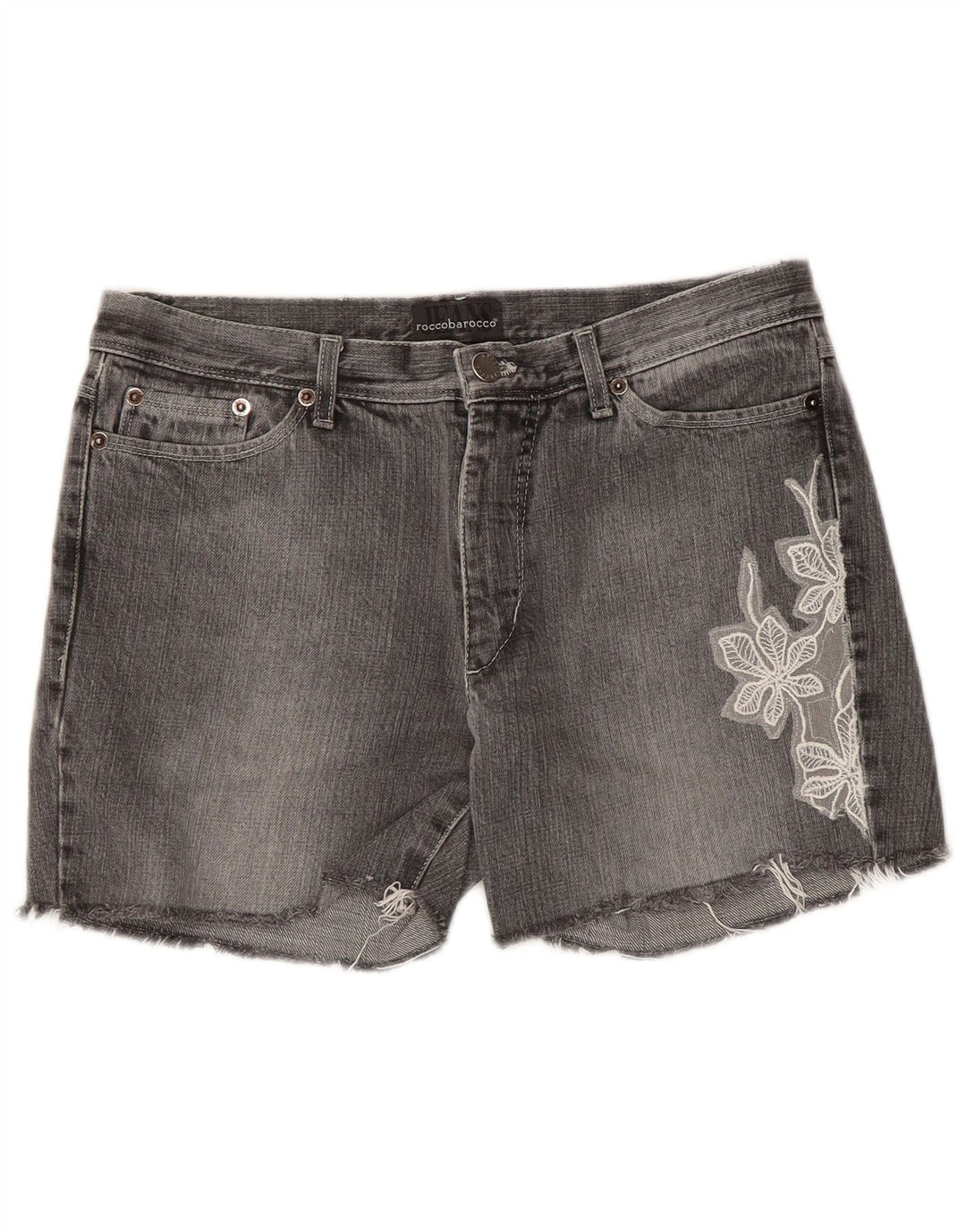 Roccobarocco Damen Jeansshorts W30 mittelgraue geblümte Baumwolle