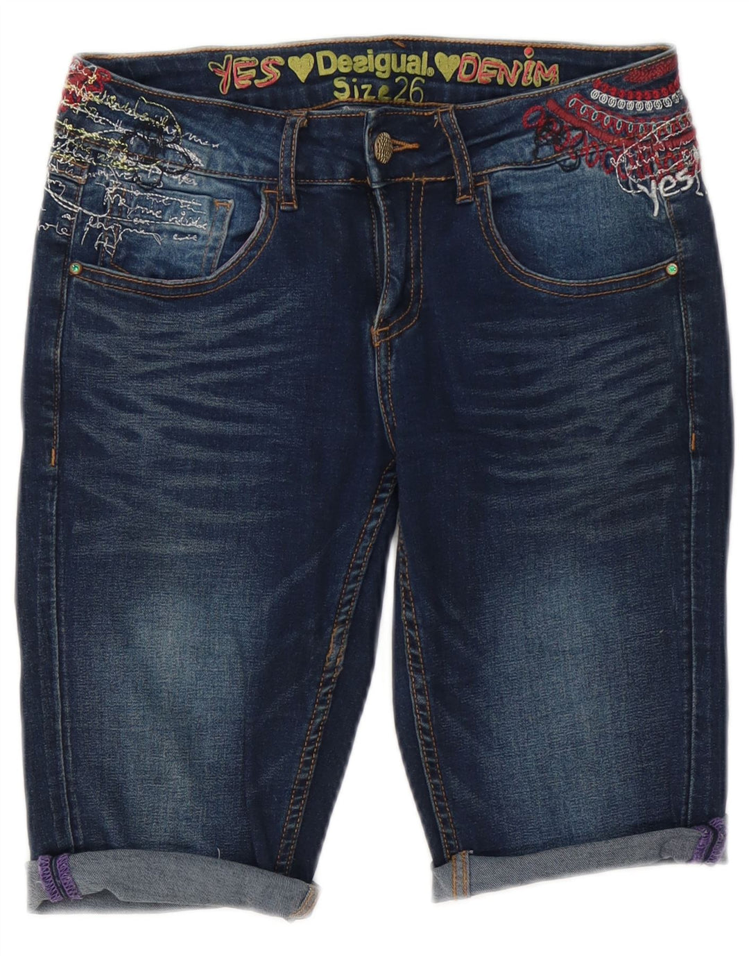 Desigual Damen Graphic Denim Shorts W26 Small Blaue Baumwolle