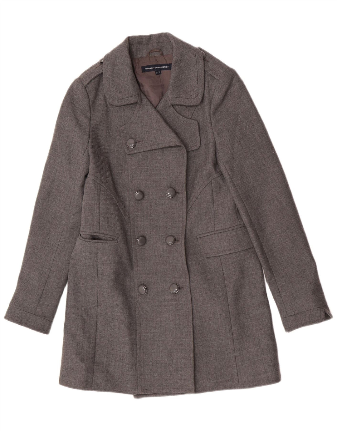 French Connection Zweireihiger Militärmantel für Damen, UK 12, Mittelgrau