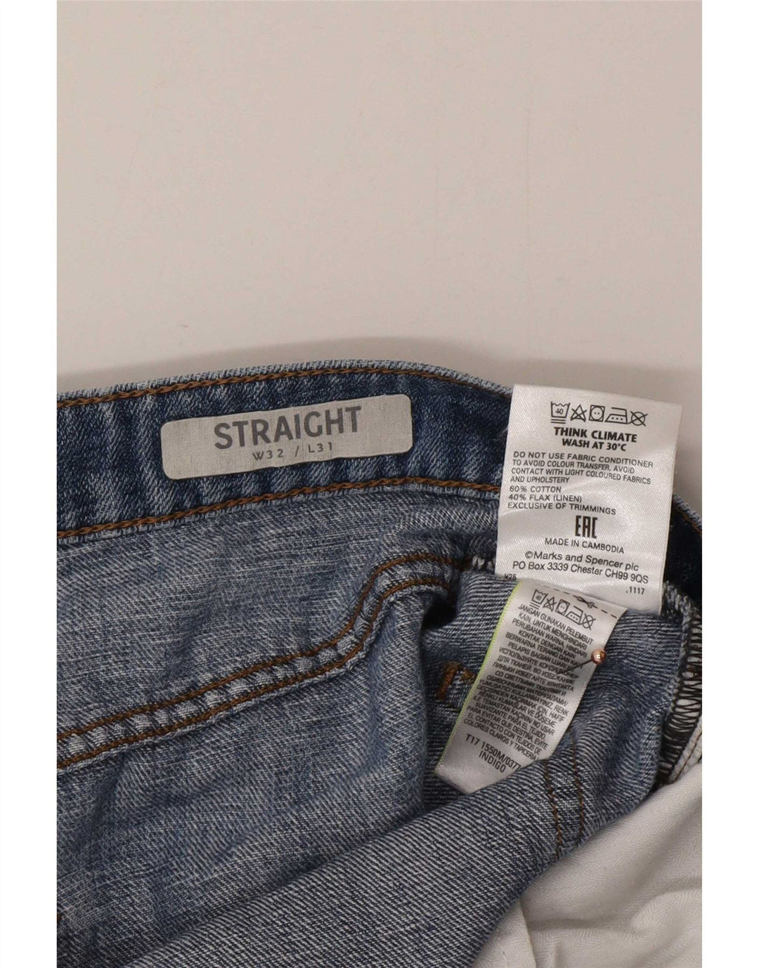 Marks & Spencer Herren Straight Jeans W32 L31 Blaue Baumwolle
