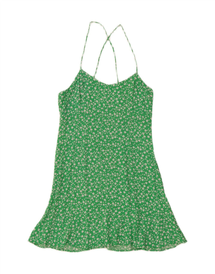 Zara Damen Sommerkleid UK 12 Mittelgrüne Viskose mit Blumenmuster