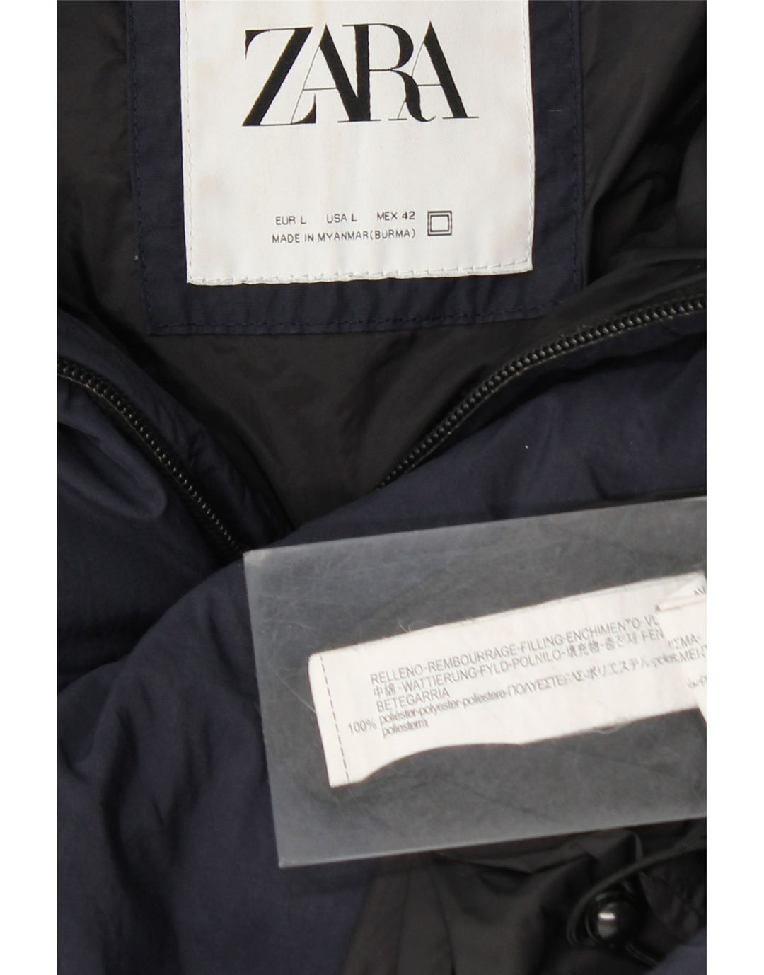 Zara Herren-Jacke mit Kapuze, gepolstert, Größe 40, Marineblau, Polyester