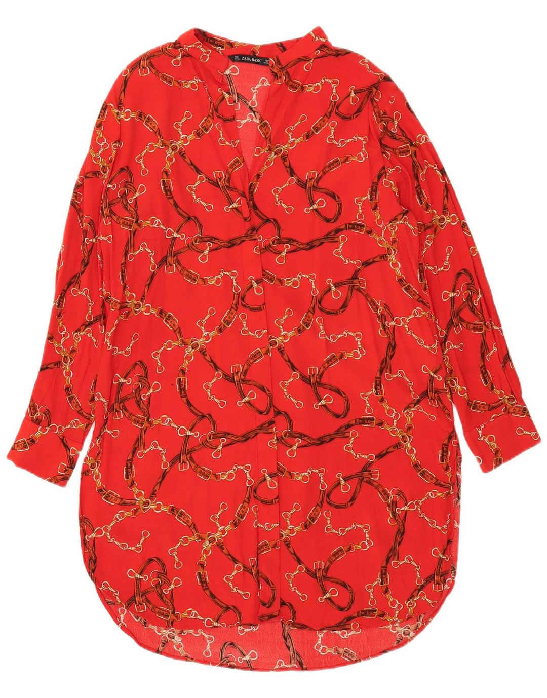 Zara Damen Langarm-Hemdkleid mit abstraktem Muster, UK 16, Größe L, Rot