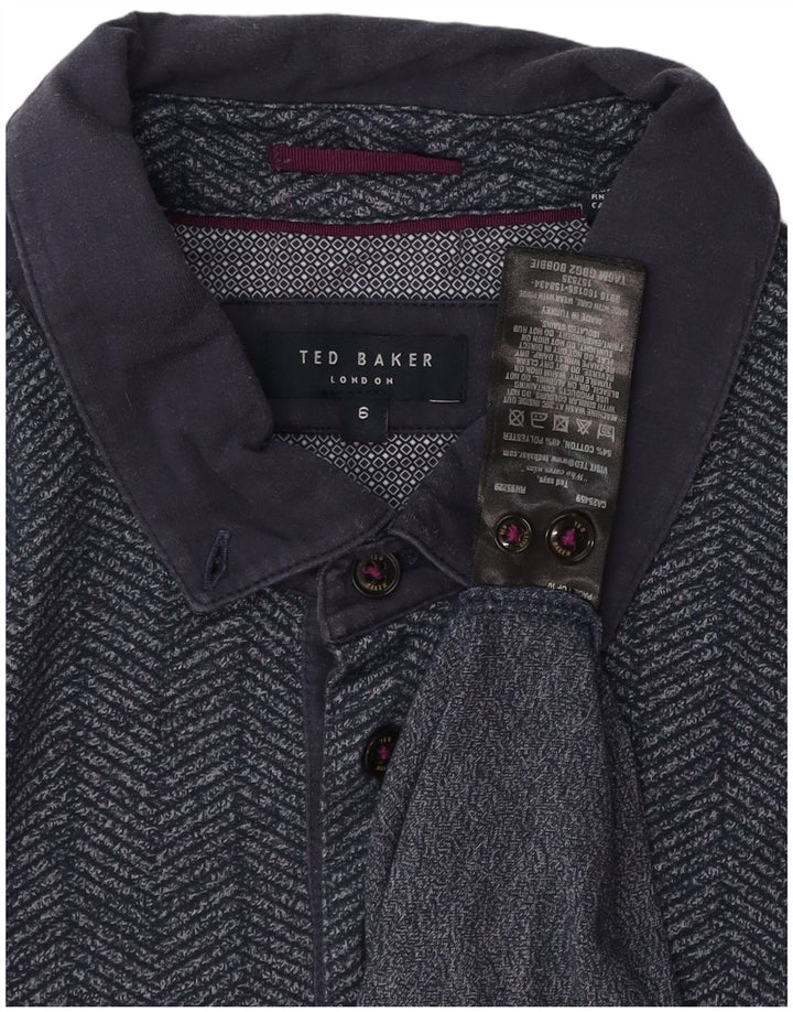TED BAKER Herren-Poloshirt, Größe 6 2XL, marineblaue Baumwolle mit Fischgrätenmuster