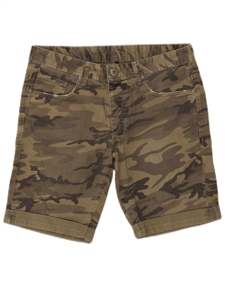 Benetton Damen Freizeitshorts IT 46 Large W32 Khaki Camouflage Baumwolle