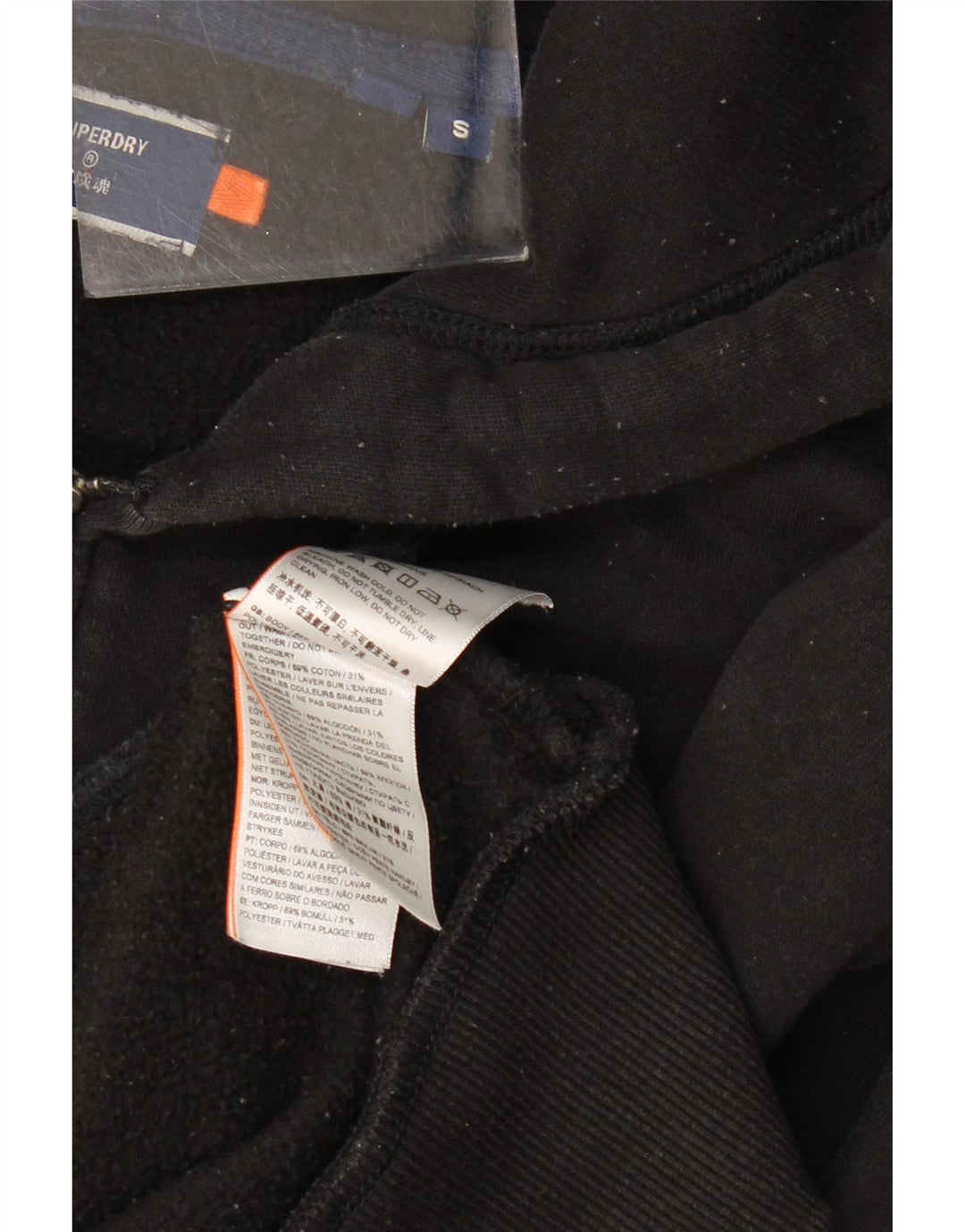 Superdry Herren-Kapuzenpullover mit Reißverschluss, Größe S, schwarze Baumwolle