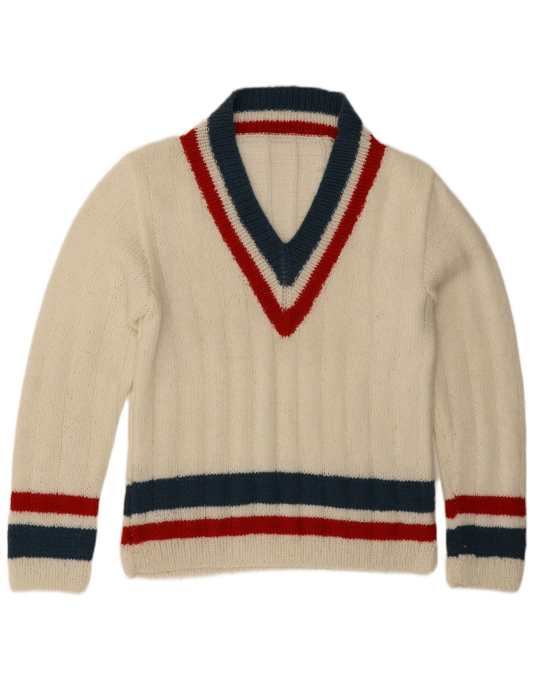 Vintage Herren V-Ausschnitt Pullover Pullover Mittelweiß gestreift