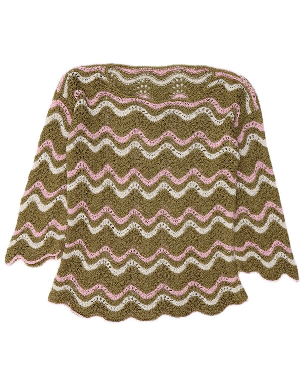 Vintage Damen Häkelpullover mit U-Boot-Ausschnitt, UK 14, mittlerer Khaki-Chevron