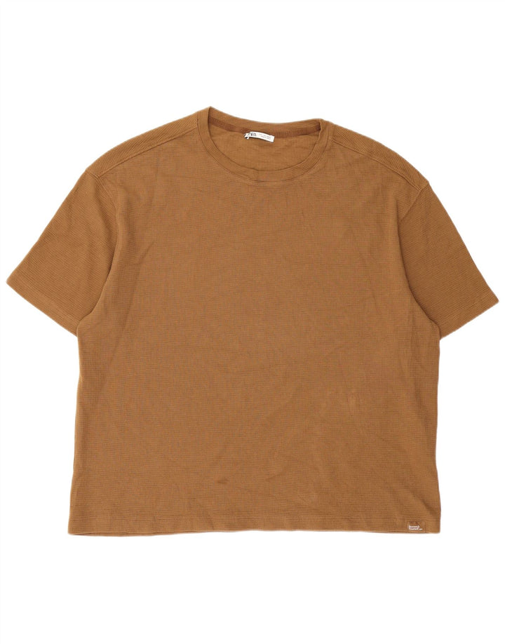 Zara Herren T-Shirt Top Large Beige Baumwolle
