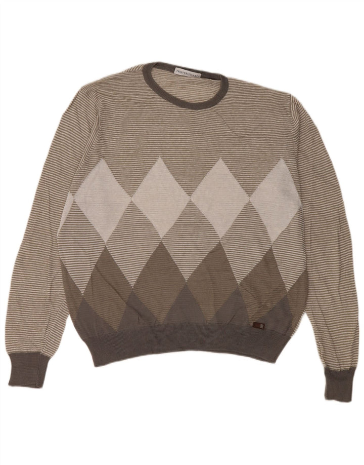 Trussardi Herren-Pullover mit Rundhalsausschnitt, Größe L, Grau Argyle/Diamant