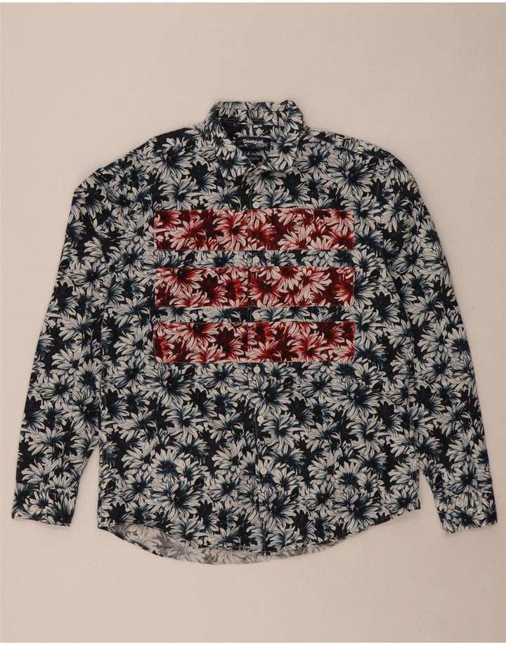 DESIGUAL Herrenhemd XL Marineblau mit Blumenmuster aus Baumwolle