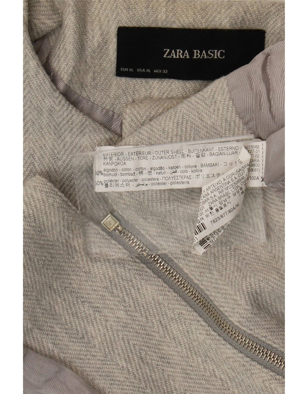 Zara Damen-Blazer mit durchgehendem Reißverschluss, UK 18, XL, graue Baumwolle mit Fischgrätenmuster