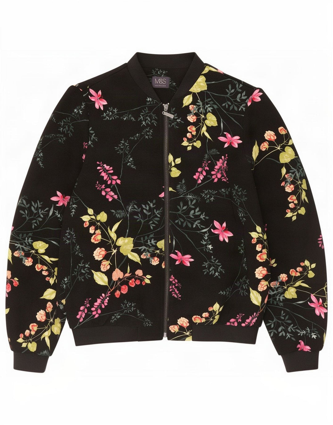 Marks & Spencer Damen-Bomberjacke in Übergröße, Gr. 10, Größe S, Schwarz, Blumenmuster