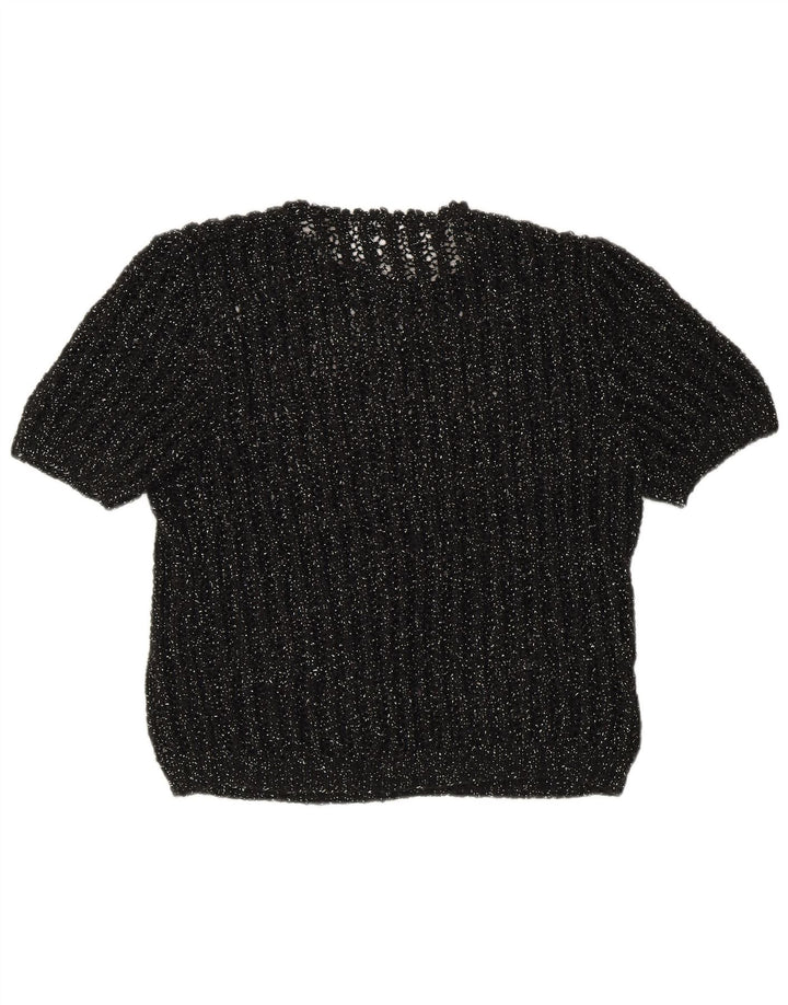 Vintage Damen Kurzärmeliger Pullover mit Rundhalsausschnitt UK 12 Medium Schwarz