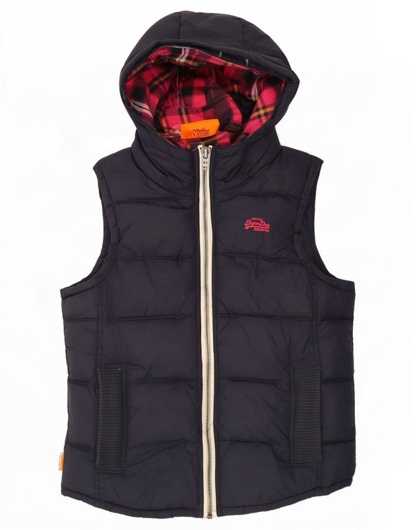 Superdry Wattierte Weste mit Kapuze für Damen UK 14 Mittel Marineblaues Nylon