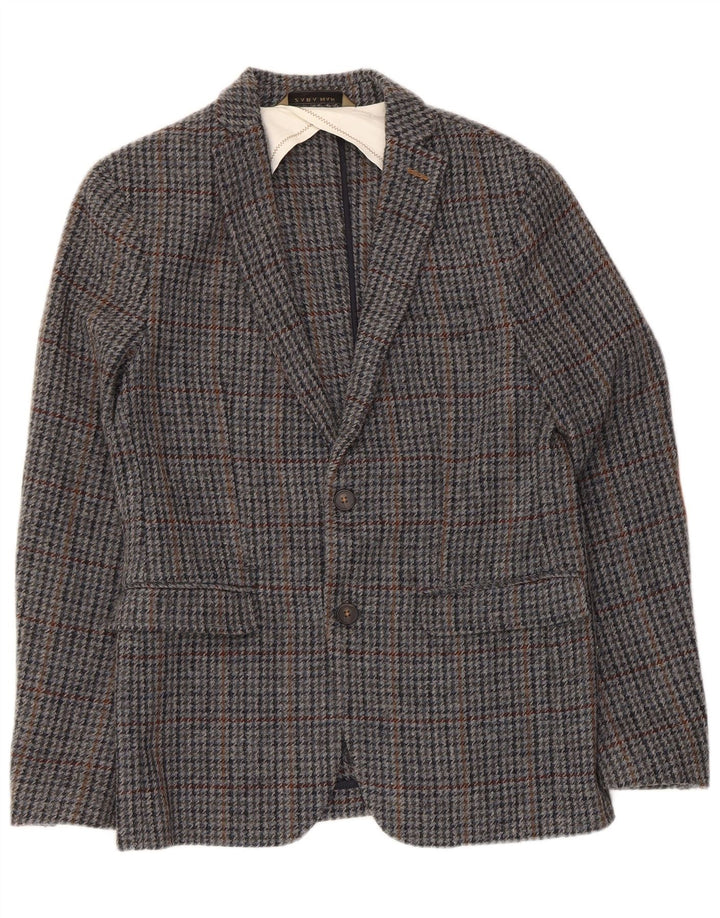 Zara Herren-Blazer mit 2 Knöpfen, EU 48, mittelgraue Wolle mit Hahnentrittmuster