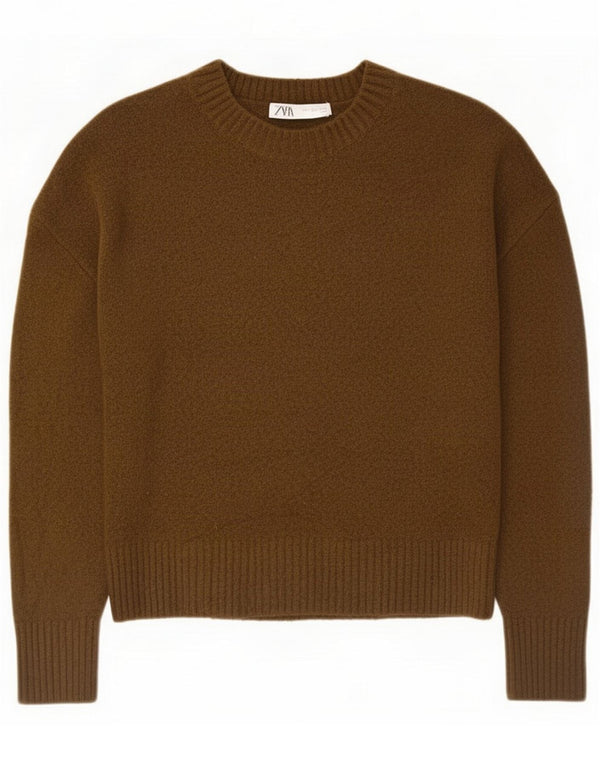 Zara Womens Oversized Crew Neck Jumper Sweater UK 10 Small Khaki Acrylic