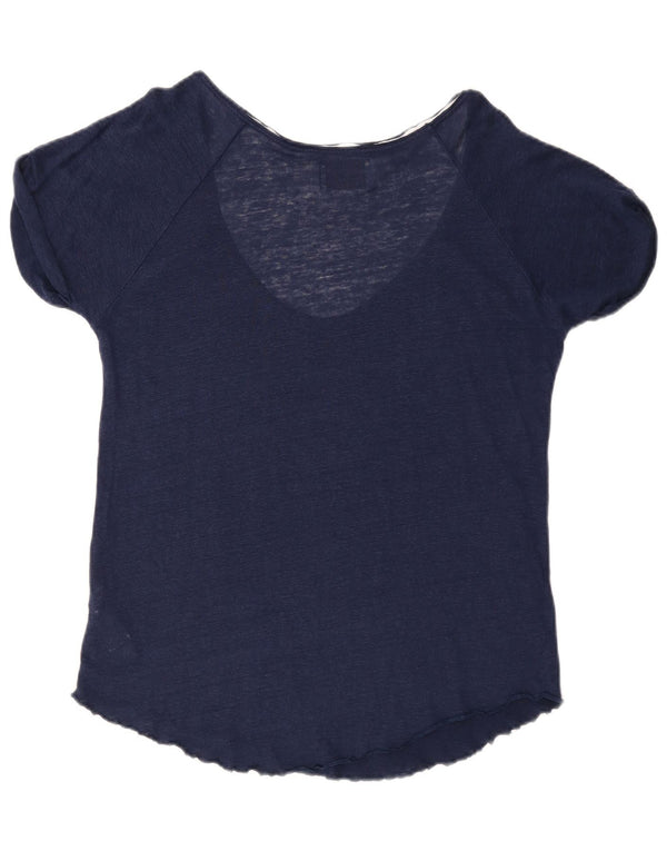 Zara Damen T-Shirt Top UK 16 Large Marineblaues Leinen