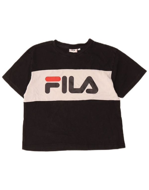 Fila Grafik-T-Shirt für Damen, UK 10, Größe S, Schwarz, Colourblock-Baumwolle