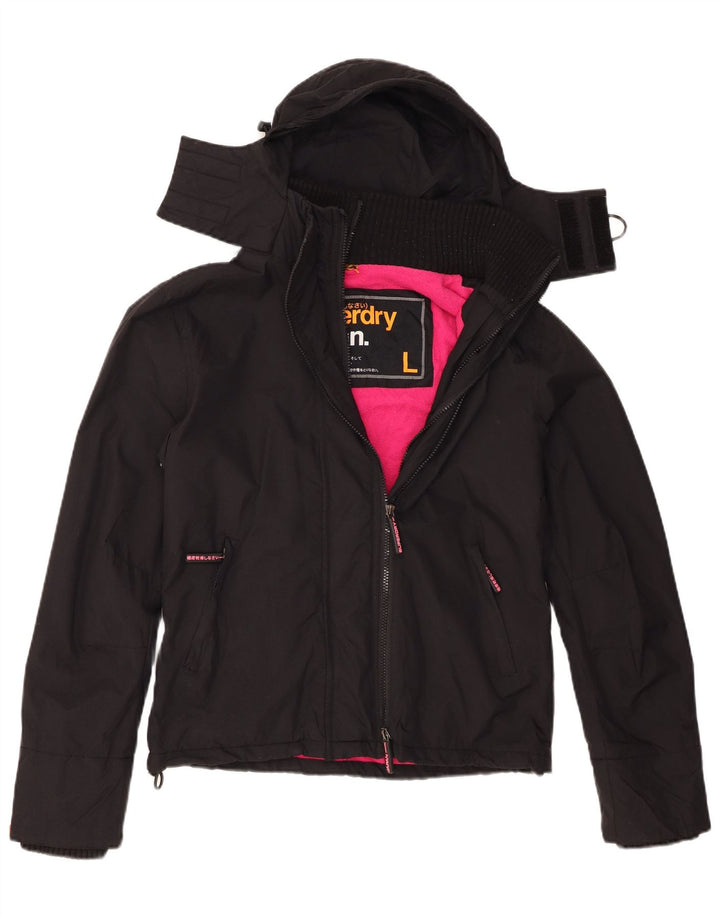 Superdry Damen-Windbreakerjacke mit Kapuze, UK 16, Größe L, schwarzes Nylon