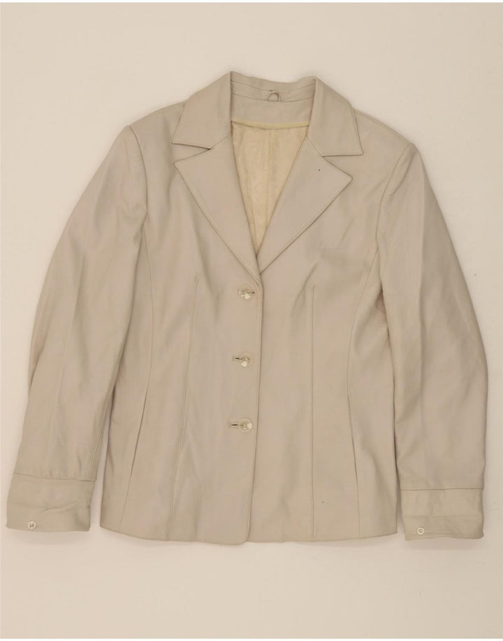 VINTAGE Womens Leather 3 Button Blazer Jacket UK 14 Medium Beige Vintage Vintage and Second-Hand Vintage from Messina Hembry 