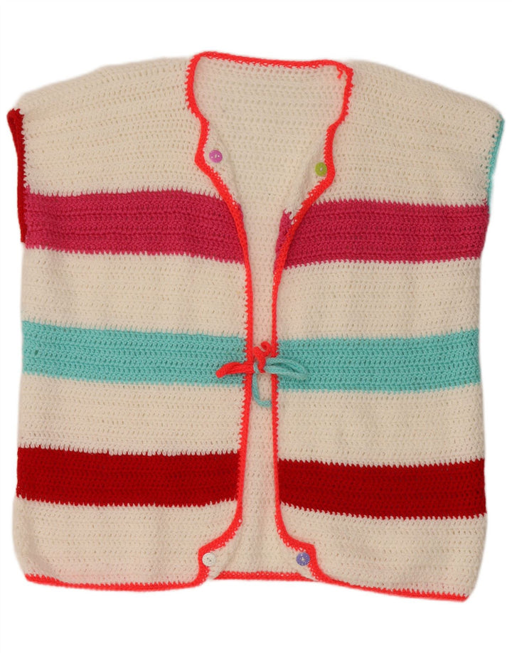 VINTAGE Damen Ärmelloser Cardigan Pullover UK 18 XL Weiß gestreift