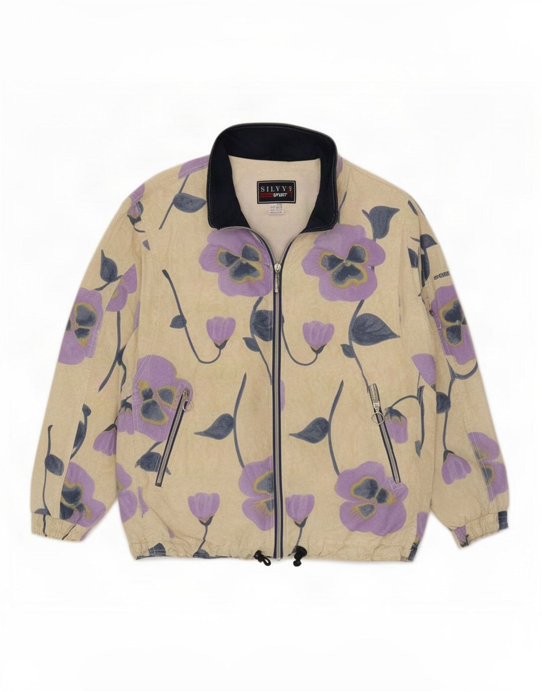 Übergroße Trainingsjacke für Damen von Silvy, IT 42, Mittelbeige mit Blumenmuster