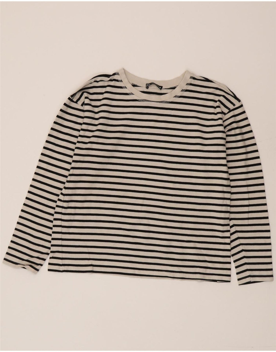 Zara Damen Top Langarm UK 14 Mittelweiß gestreift Baumwolle