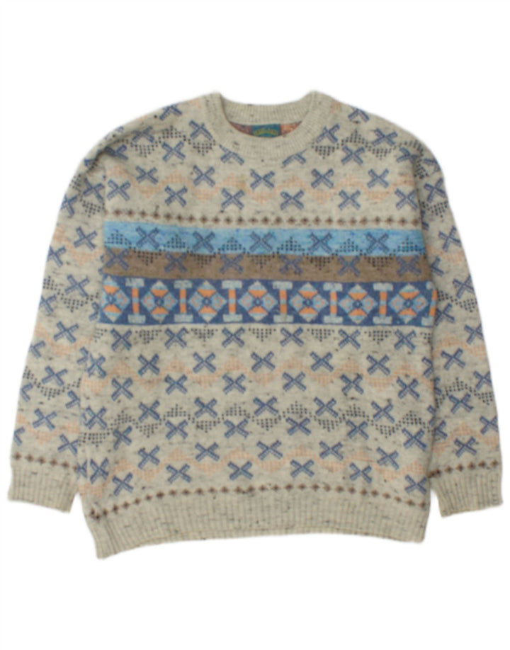 Vintage Herren-Pullover mit U-Boot-Ausschnitt, mittelgraue geometrische Wolle