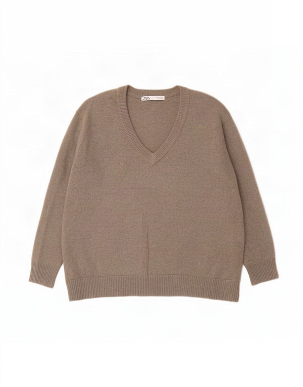 Zara Damen-Pullover mit V-Ausschnitt, übergroß, UK 14, mittlerer Khaki-Kaschmir