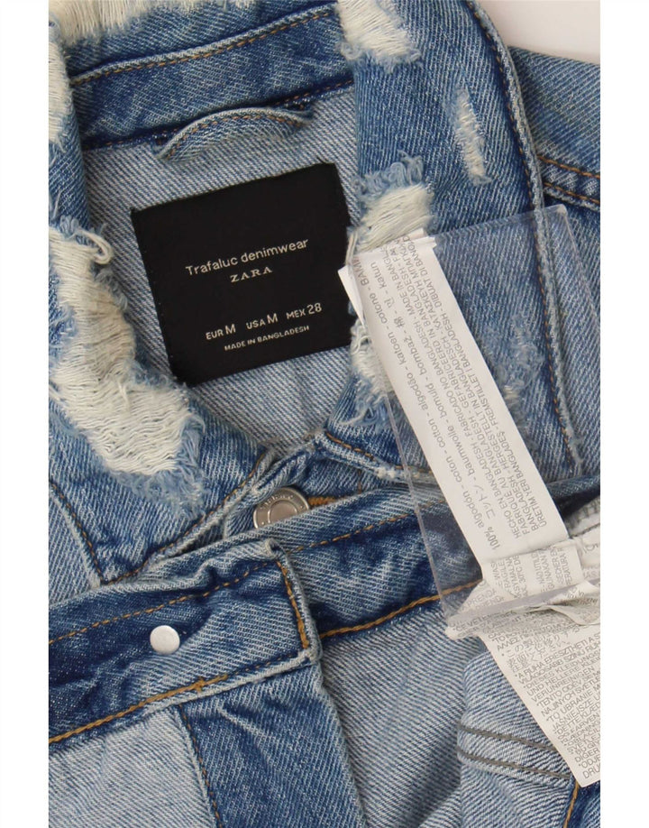 Zara Damen Crop Distressed Denim Jacke UK 12 Mittelblaue Baumwolle